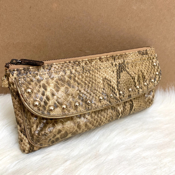 KATHY VAN ZEELAND Olive & Gold Snakeskin Embossed Studded Vintage Flap Clutch/XB - Picture 2 of 13